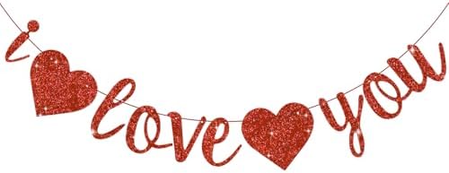 Glitter Red I Love You Banner with Hearts