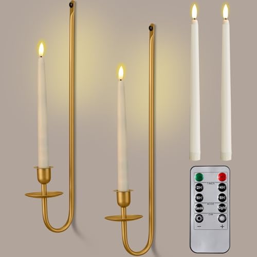 2 Set Metal Wall Mount Candle Sconces with LED Tapers and Remote Timer