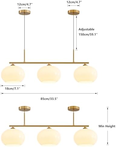 KCO 3 Light Linear Pendant Chandelier with Milk Glass Shades