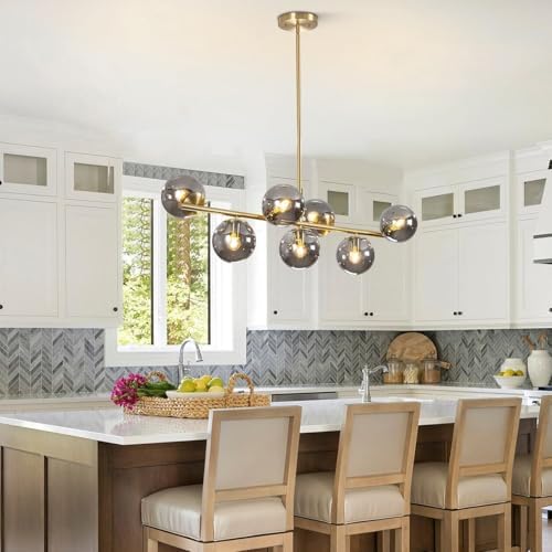 Mid Century Modern 7-Light Brass Chandelier with Globe Shades