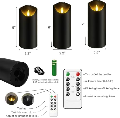 Set of 5 Black Flameless Candles with Battery and Remote