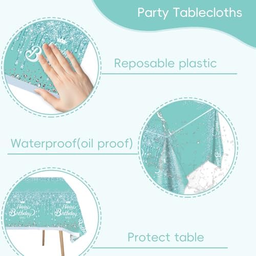 2pcs Teal Silver Glitter Diamond Birthday Tablecloth 70x51 Inches