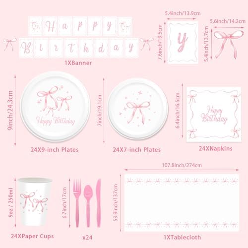 Pink Bow Party Decorations 170 Pcs Birthday Supplies Set