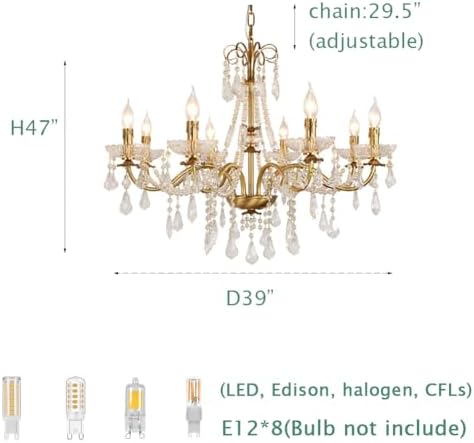 39 Inch Crystal Chandelier Luxury Gold Bronze 8 Light Candle Ceiling Light