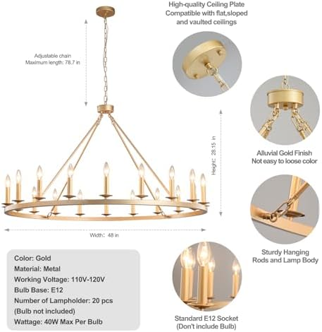 Gold Wagon Wheel Chandelier 48-Inch 20-Light