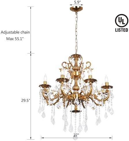 Antique Gold Crystal Chandelier 8-Light Dining Room Fixture