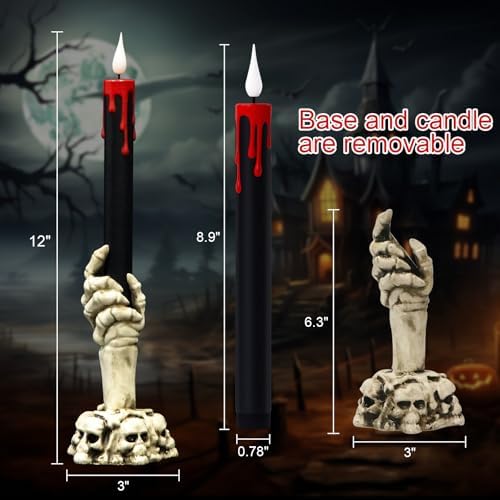 GenSwin Halloween Black Flameless Candles with Remote Timer and Ghost Hand Candlesticks