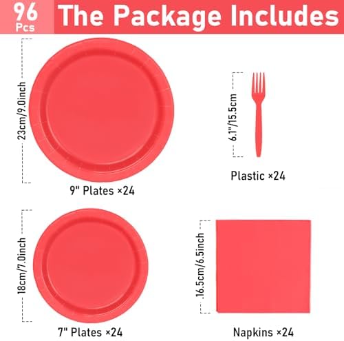 96 Pcs Red Paper Plates and Napkins Set for Parties