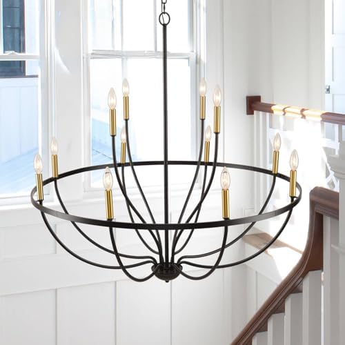Modern Farmhouse Chandelier 12 Lights Black Gold Dining Room Ceiling Light