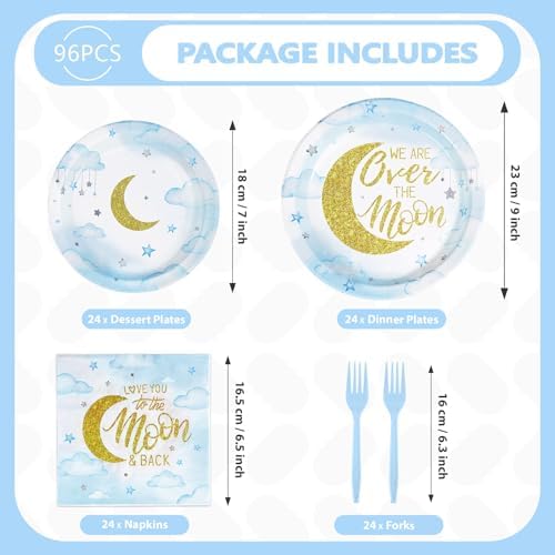 Grencian 96 Pcs Pastel Blue Moon Baby Shower Plates Set