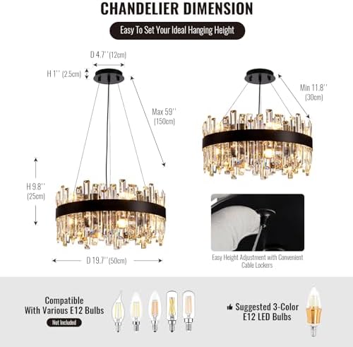 Siljoy Modern Black Crystal Chandelier with 12 Lights