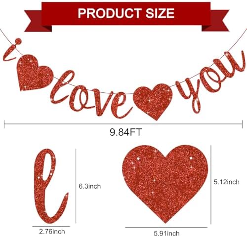 Glitter Red I Love You Banner with Hearts