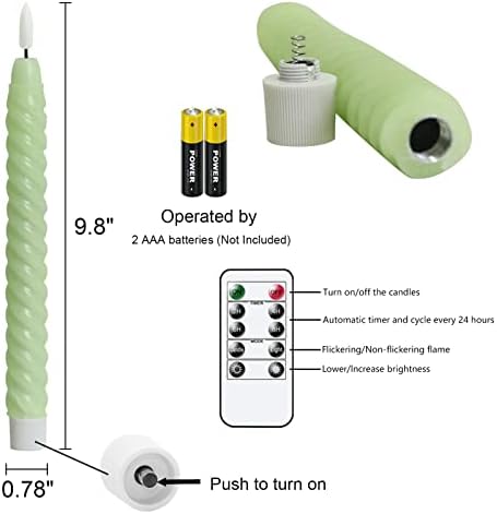 Flameless Taper Candles Green Pastel 3D Wick LED 6 Pack