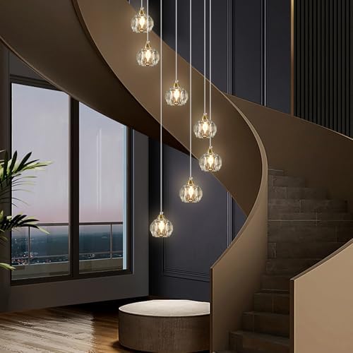 7-Light Gold Crystal Pendant Light for High Ceilings