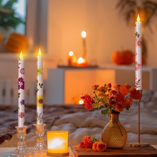 Nuanchu 6 Pcs Pastel Flameless Taper Candles with Dried Flowers