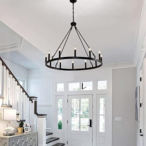 12 Light Wagon Wheel Chandelier Black Rustic Pendant
