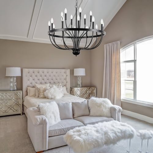 Black 18-Light Industrial Chandelier with Adjustable Height