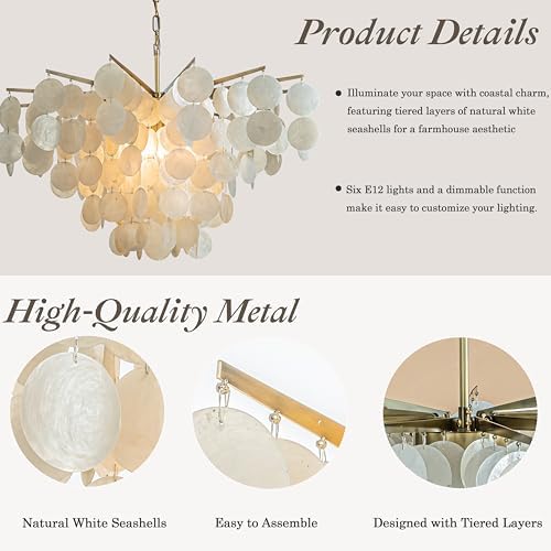 6 Light 30 Inch Coastal Capiz Shells Chandelier with Antique Gold Metal