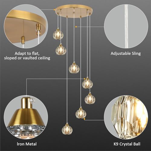 7-Light Gold Crystal Pendant Light for High Ceilings