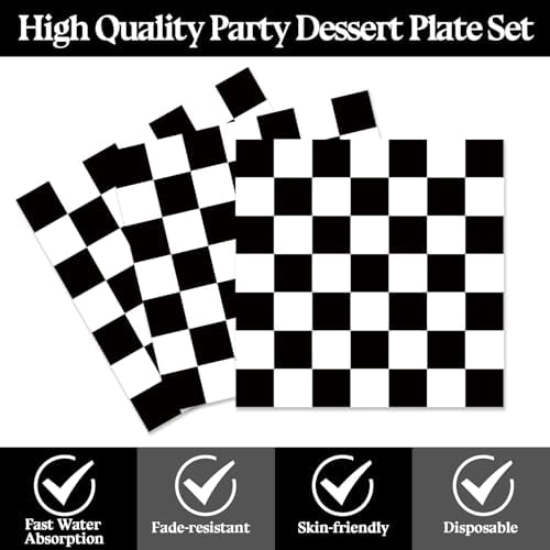 72PCS Black and White Checkered Birthday Plates Set for Kids Racing Party