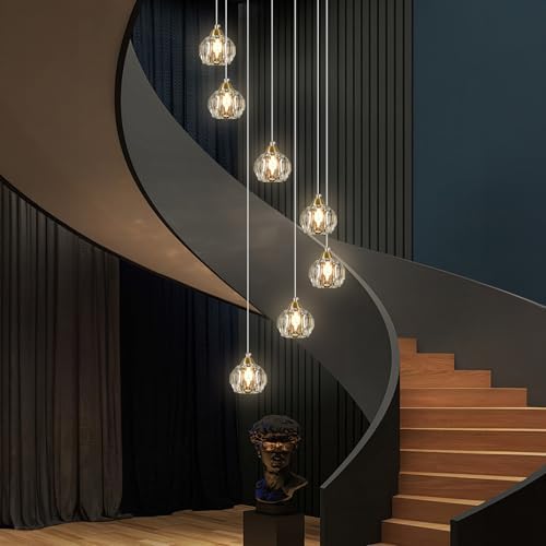 7-Light Gold Crystal Pendant Light for High Ceilings