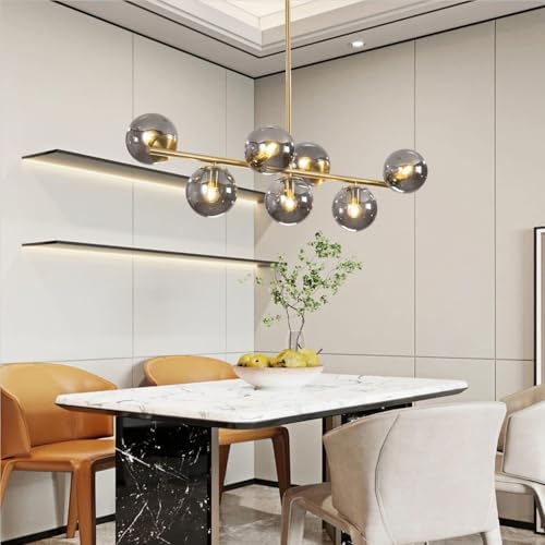 Mid Century Modern 7-Light Brass Chandelier with Globe Shades