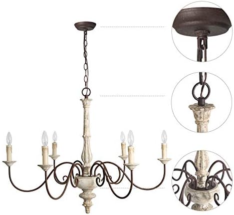 LALUZ Farmhouse Chandelier White Distressed Wood 37 L x 28 H