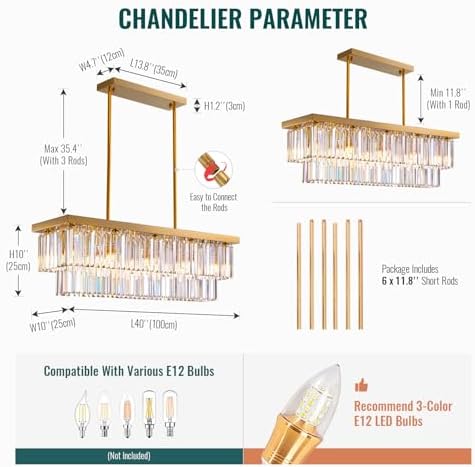 Siljoy 10 Lights Gold Rectangular Chandelier 2 Tiers Crystal Flush Mount Ceiling Light