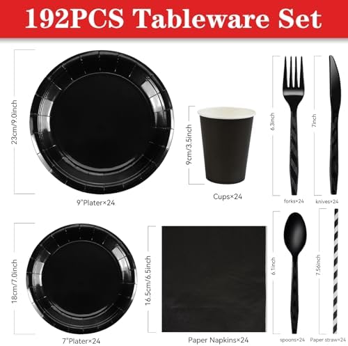 NASUN 192 Piece Solid Black Party Tableware Set
