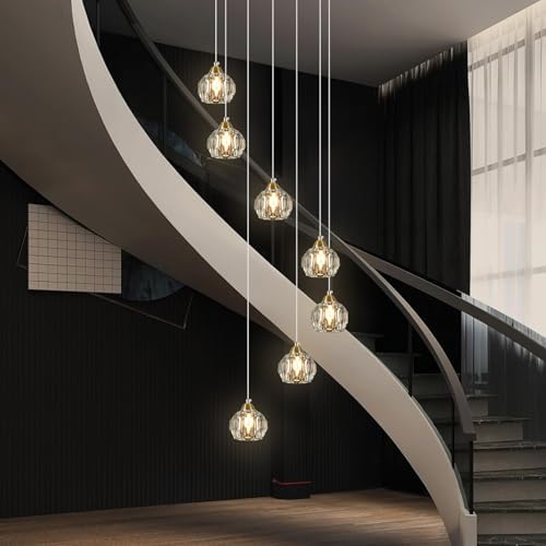 7-Light Gold Crystal Pendant Light for High Ceilings