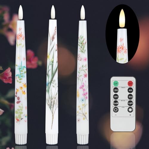 Spring Flameless Taper Candles with Flowers 3 Pack LED Remote Controlled