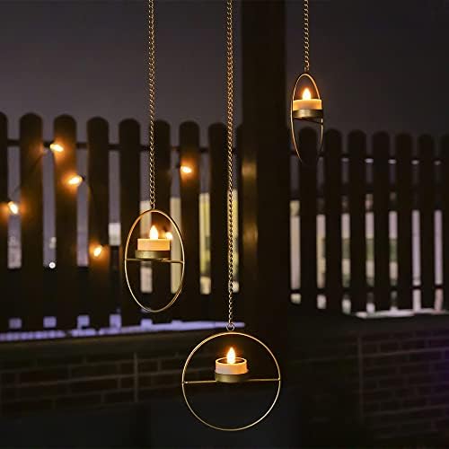 Solar Lanterns Outdoor Hanging Set of 3 Golden Metal Candles