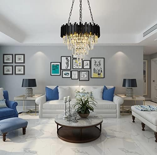 Modern Crystal Chandelier with 4-Tier Design Black Hanging Light Fixture