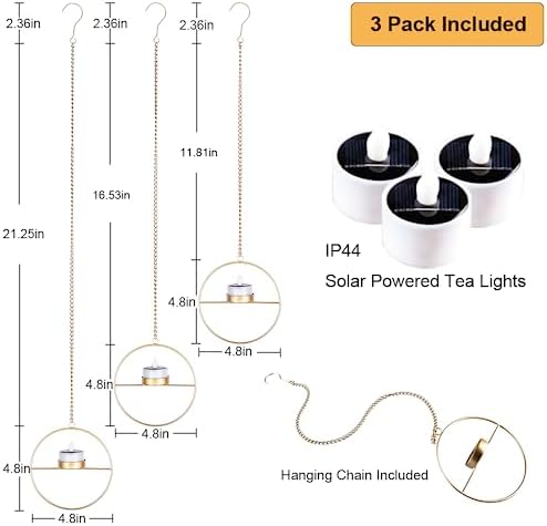 Solar Lanterns Outdoor Hanging Set of 3 Golden Metal Candles