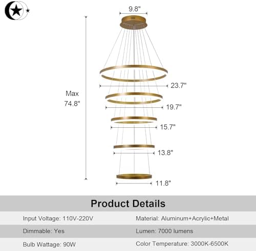 5-Rings Modern LED Chandelier Gold Dimmable with Remote Control