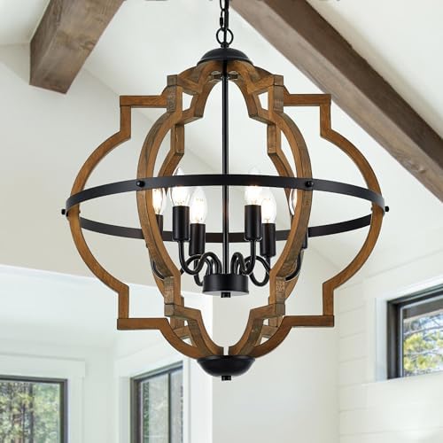 6-Light Farmhouse Wood Pendant Light with Adjustable Height