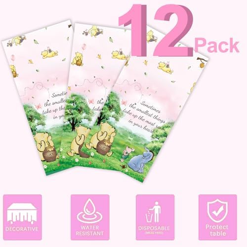 12PCS Pink Winnie Bear Tablecloth Baby Shower Decor
