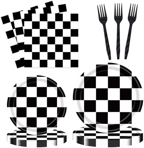 72PCS Black and White Checkered Birthday Plates Set for Kids Racing Party
