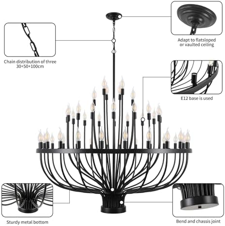 48 Light Black Chandelier 3 Tier for High Ceilings