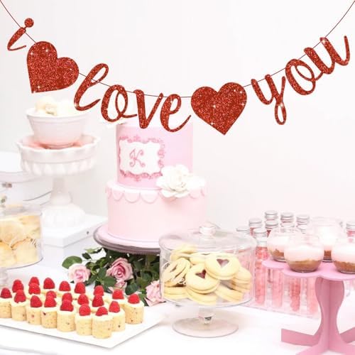 Glitter Red I Love You Banner with Hearts