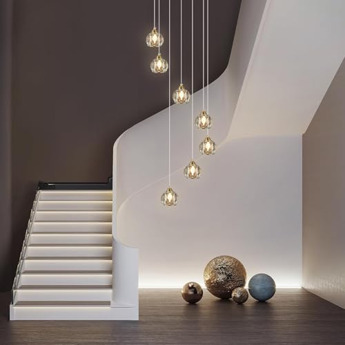 7-Light Gold Crystal Pendant Light for High Ceilings