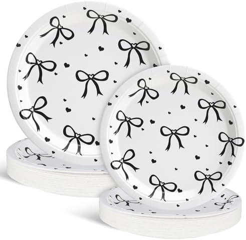 Sieral 60 Pcs Black and Pink Bow Paper Plates for Parties