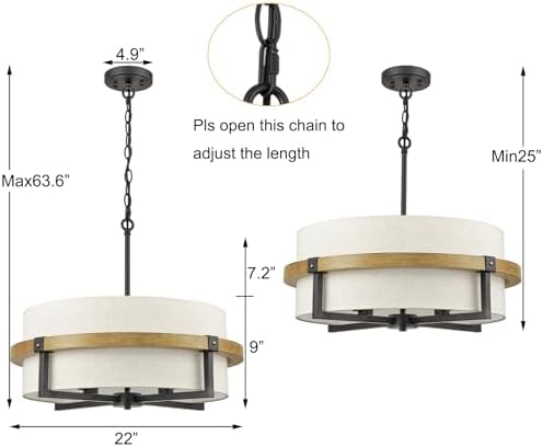 AXILAND Rustic Drum Chandelier 4 Light Dining Room Light Fixtures