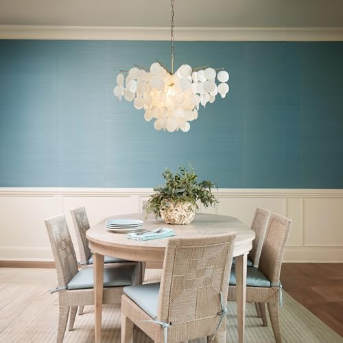 6 Light 30 Inch Coastal Capiz Shells Chandelier with Antique Gold Metal