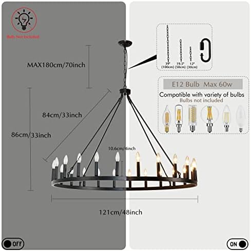BAOURE 48 Inch Black Wagon Wheel Chandelier 24 Light Modern Farmhouse Pendant Light
