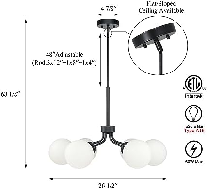 Modern Black Glass Globe Sputnik Chandelier 6 Light