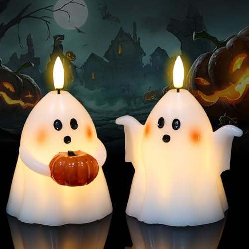 Wondise Halloween Flameless Candles with Timer Spooky Ghost Set