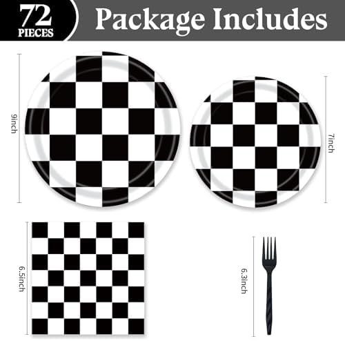 72PCS Black and White Checkered Birthday Plates Set for Kids Racing Party