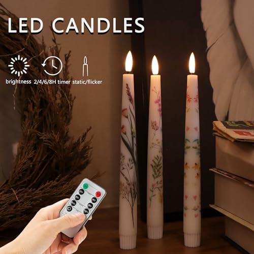 Spring Flameless Taper Candles with Flowers 3 Pack LED Remote Controlled