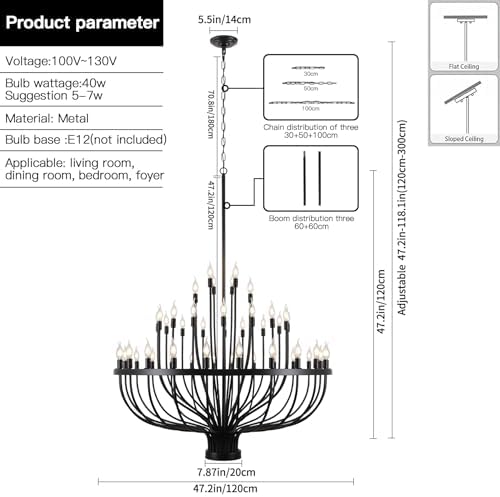48 Light Black Chandelier 3 Tier for High Ceilings